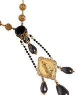 Dolce & Gabbana Gold Chain Brass Black Beaded Rosary Style Women's Necklace