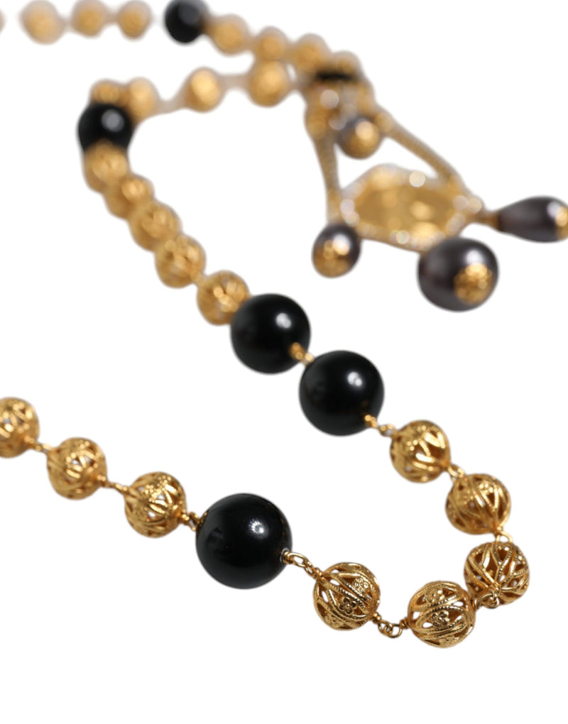 Dolce & Gabbana Gold Chain Brass Black Beaded Rosary Style Women's Necklace