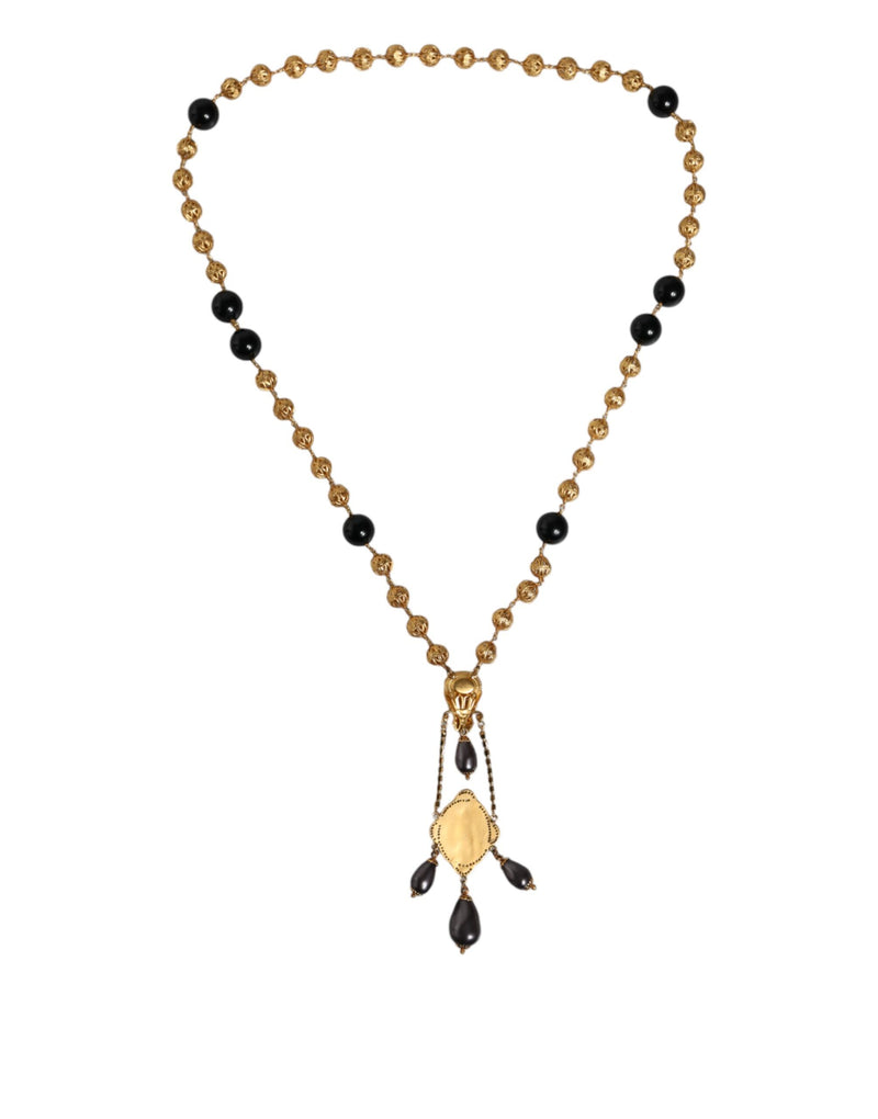 Dolce & Gabbana Gold Chain Brass Black Beaded Rosary Style Women's Necklace