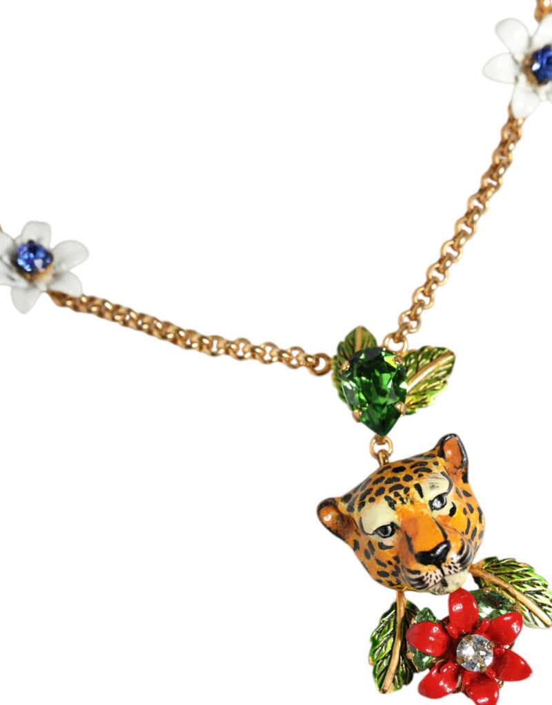 Dolce & Gabbana Gold Brass Leopard Flower Embellished Statement Women's Necklace (Pre-Owned)