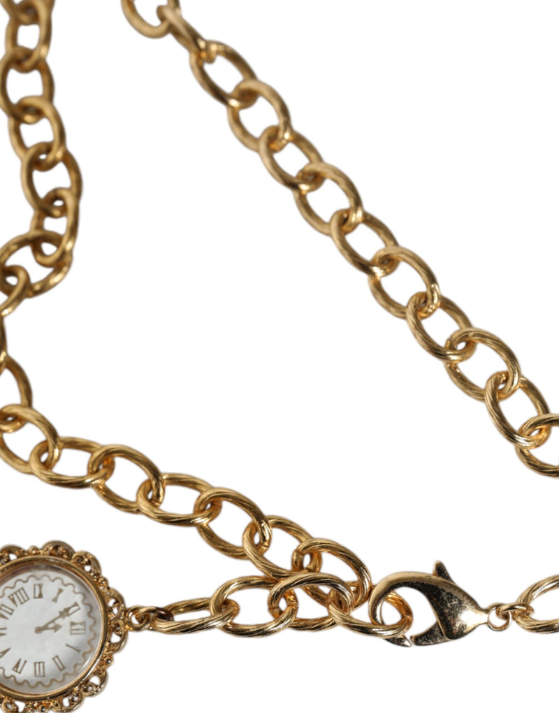 Dolce & Gabbana Gold Chain Brass Crystal Clock Statement Women's Necklace