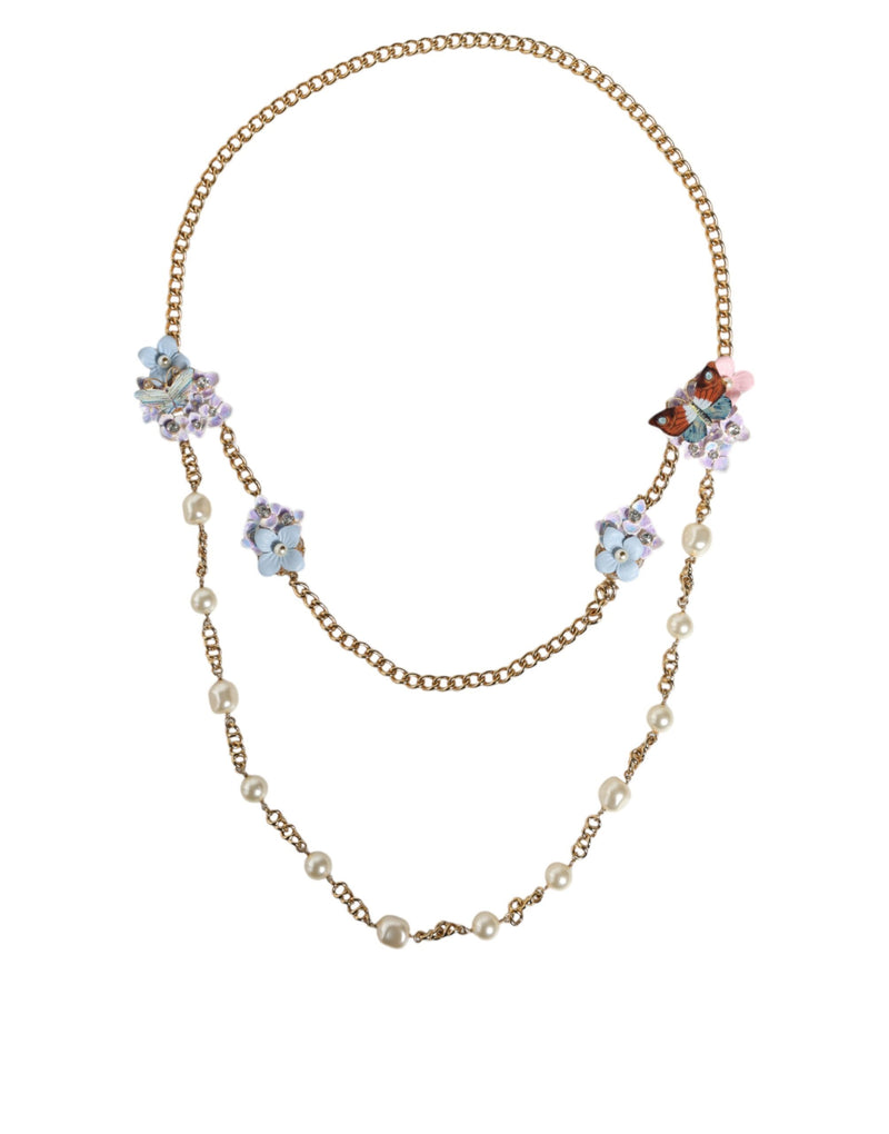 Dolce & Gabbana Gold Chain Brass Floral Layered Crystal Pearl Women's Necklace