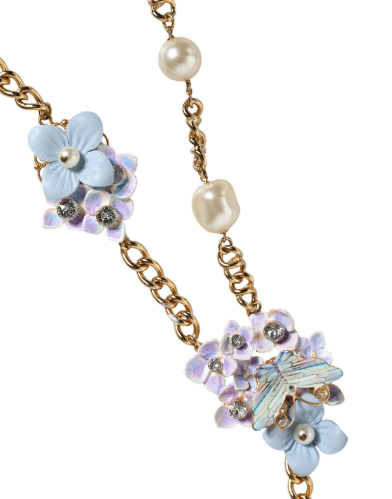 Dolce & Gabbana Gold Chain Brass Floral Layered Crystal Pearl Women's Necklace