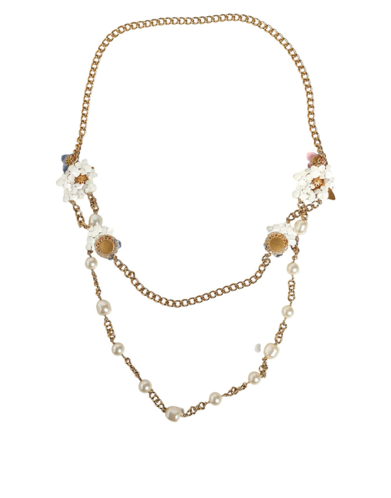 Dolce & Gabbana Gold Chain Brass Floral Layered Crystal Pearl Women's Necklace