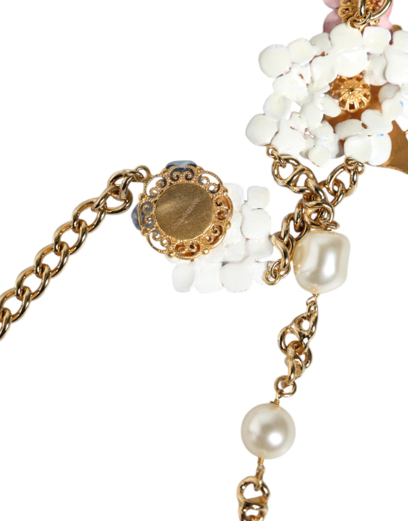 Dolce & Gabbana Gold Chain Brass Floral Layered Crystal Pearl Women's Necklace