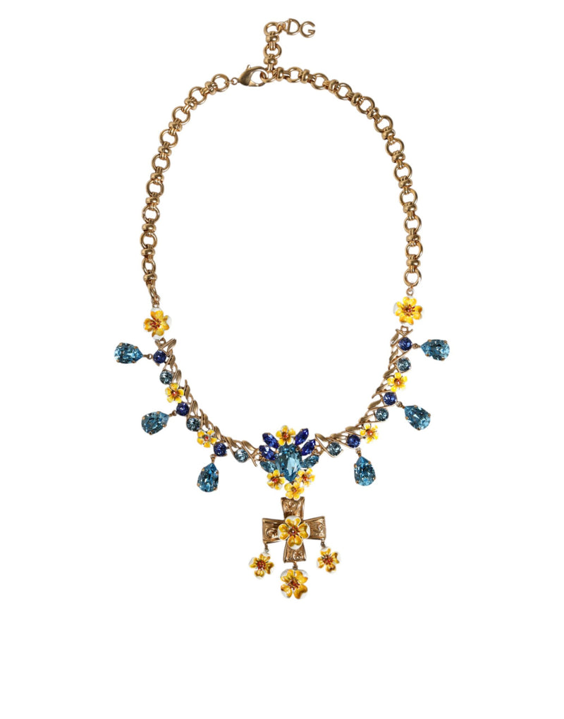 Dolce & Gabbana Gold Brass Chain Floral Crystal Cross Pendant Women's Necklace