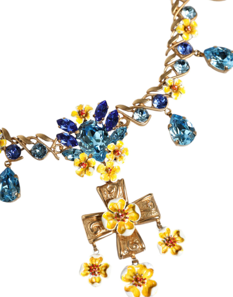 Dolce & Gabbana Gold Brass Chain Floral Crystal Cross Pendant Women's Necklace