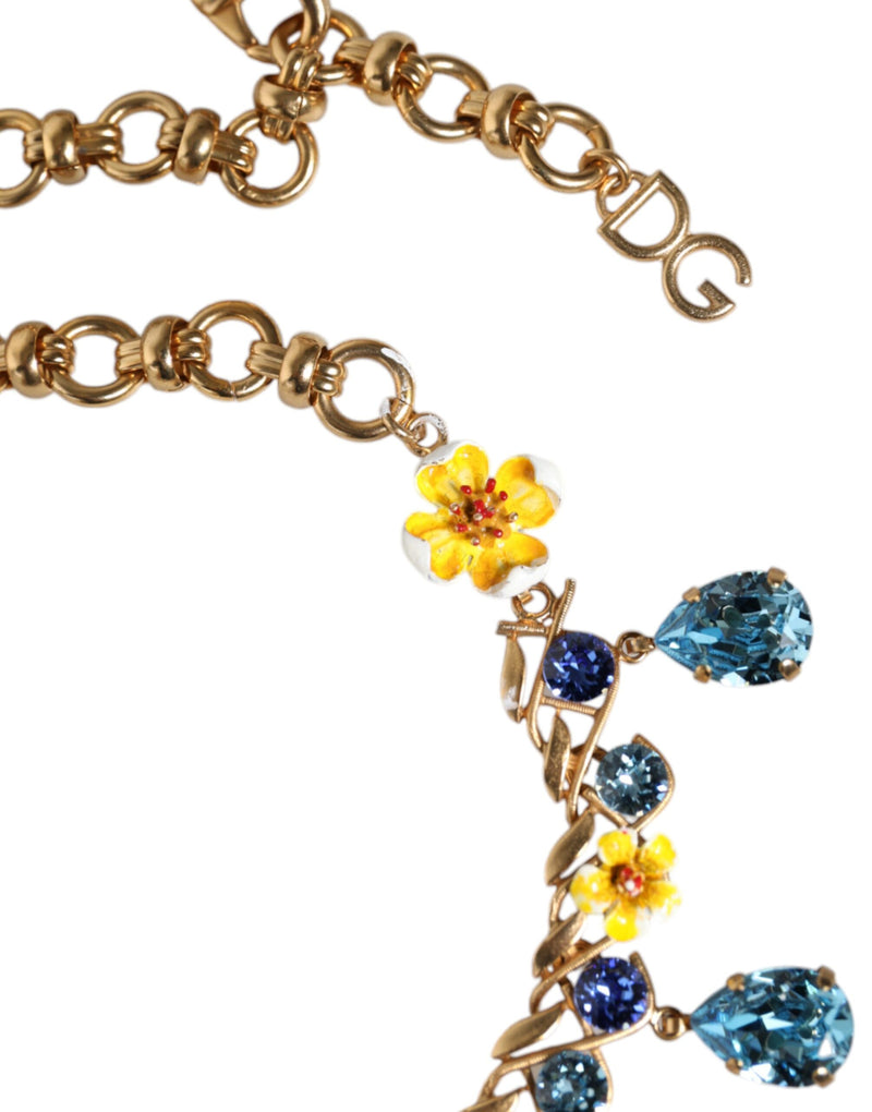 Dolce & Gabbana Gold Brass Chain Floral Crystal Cross Pendant Women's Necklace