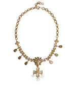 Dolce & Gabbana Gold Brass Chain Floral Crystal Cross Pendant Women's Necklace