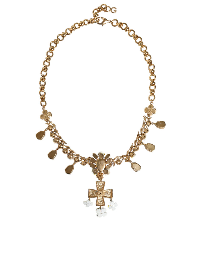 Dolce & Gabbana Gold Brass Chain Floral Crystal Cross Pendant Women's Necklace