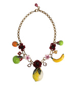 Dolce & Gabbana Gold Brass FRUIT Pendants Flowers Crystal Logo Women's Necklace