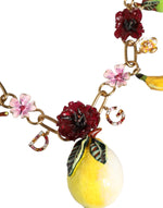 Dolce & Gabbana Gold Brass FRUIT Pendants Flowers Crystal Logo Women's Necklace