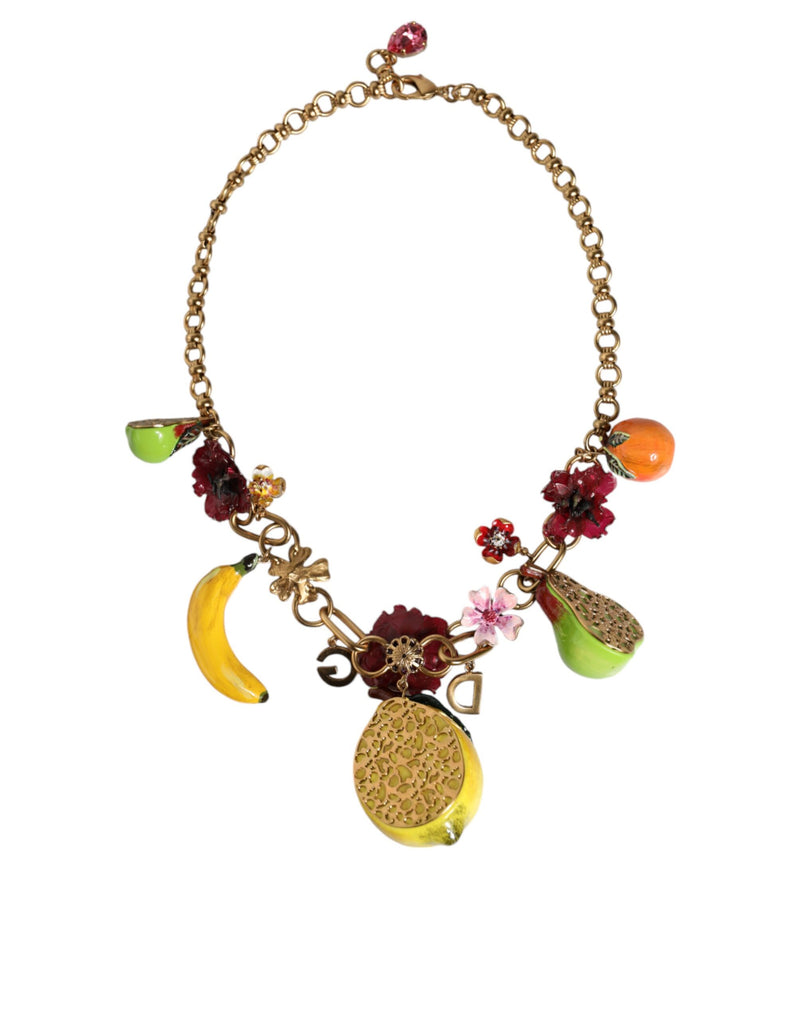 Dolce & Gabbana Gold Brass FRUIT Pendants Flowers Crystal Logo Women's Necklace