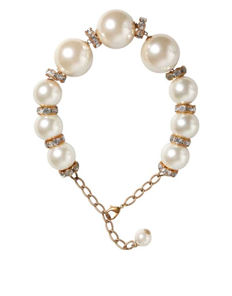 Dolce & Gabbana White Maxi Faux Pearl Beads Crystals Gold Chain Women's Necklace