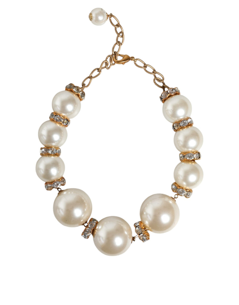 Dolce & Gabbana White Maxi Faux Pearl Beads Crystals Gold Chain Women's Necklace