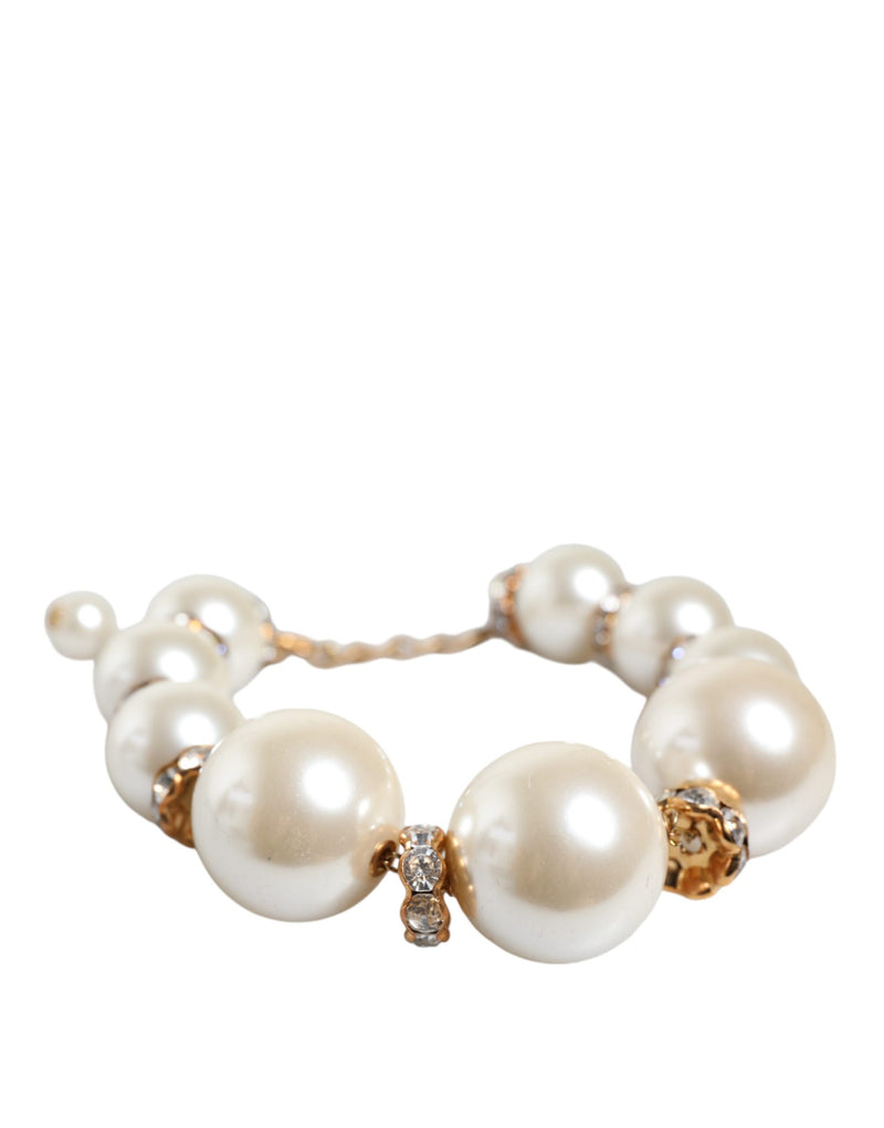 Dolce & Gabbana White Maxi Faux Pearl Beads Crystals Gold Chain Women's Necklace