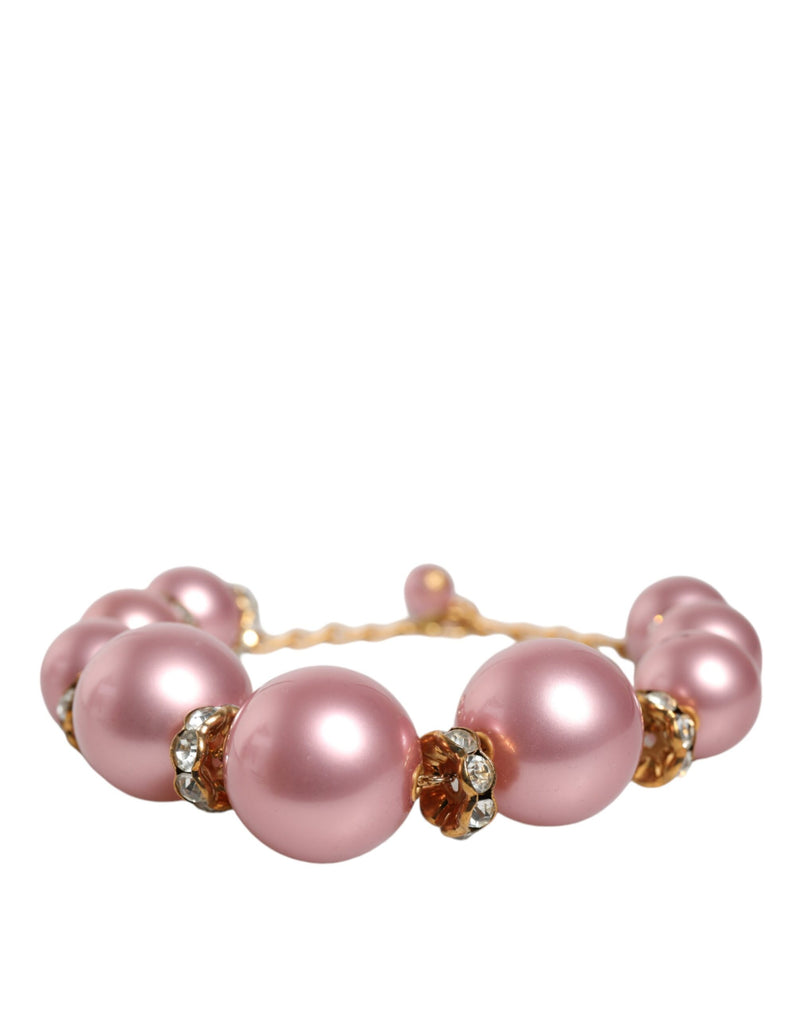 Dolce & Gabbana Pink Maxi Faux Pearl Beads Crystals Gold Chain Women's Necklace