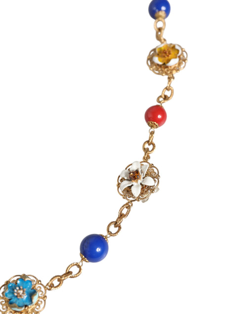 Dolce & Gabbana Gold Tone Brass Chain Floral Crystal Beaded Women's Necklace