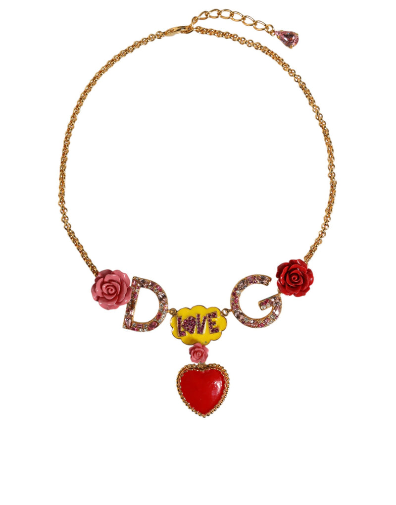 Dolce & Gabbana Gold Chain DG Logo Rose Love Crystal Charm Women's Necklace (Pre-Owned)