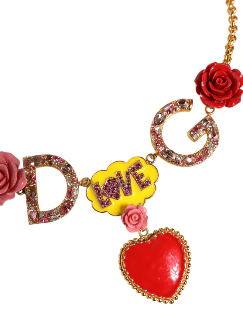 Dolce & Gabbana Gold Chain DG Logo Rose Love Crystal Charm Women's Necklace (Pre-Owned)