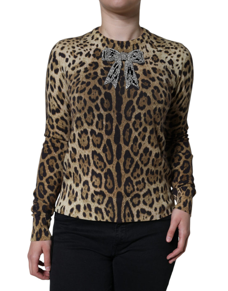 Dolce & Gabbana Brown Leopard Embellished Long Sleeve Women's Sweater