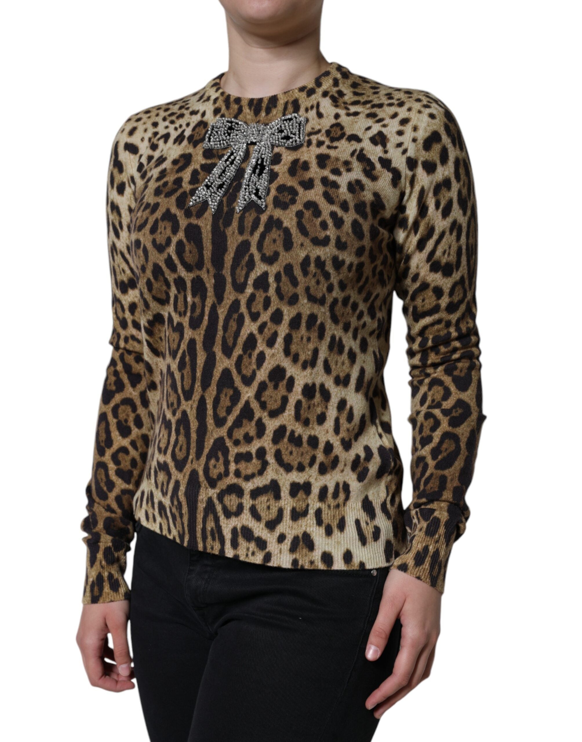 Dolce & Gabbana Brown Leopard Embellished Long Sleeve Women's Sweater