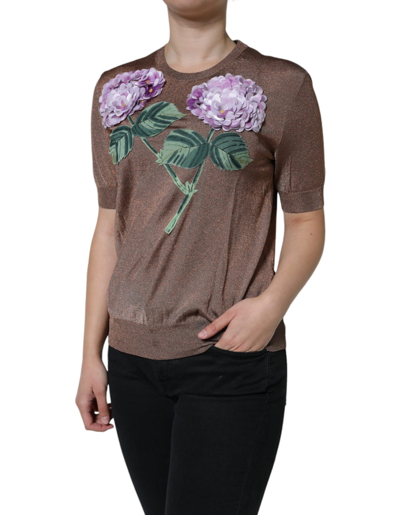 Dolce & Gabbana Brown Floral Applique Viscose Short Sleeve Women's Top (Pre-Owned)