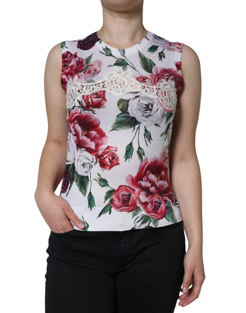 Dolce & Gabbana White Floral Lace Silk Sleeveless Tank Women's Top (Pre-Owned)