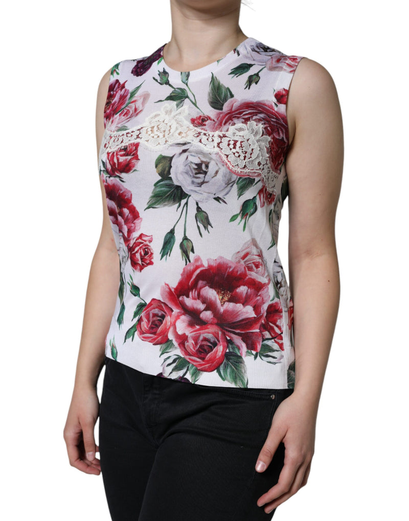 Dolce & Gabbana White Floral Lace Silk Sleeveless Tank Women's Top (Pre-Owned)