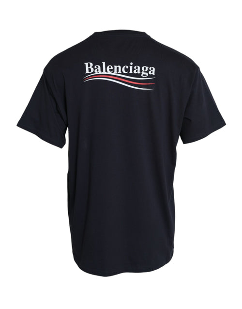 Balenciaga Dark Blue Cotton Logo Crew Neck Short Sleeves Men's T-shirt