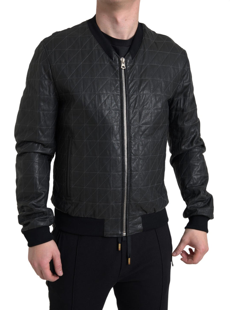 Dolce & Gabbana Black Leather Full Zip Bomber Coat Men's Jacket