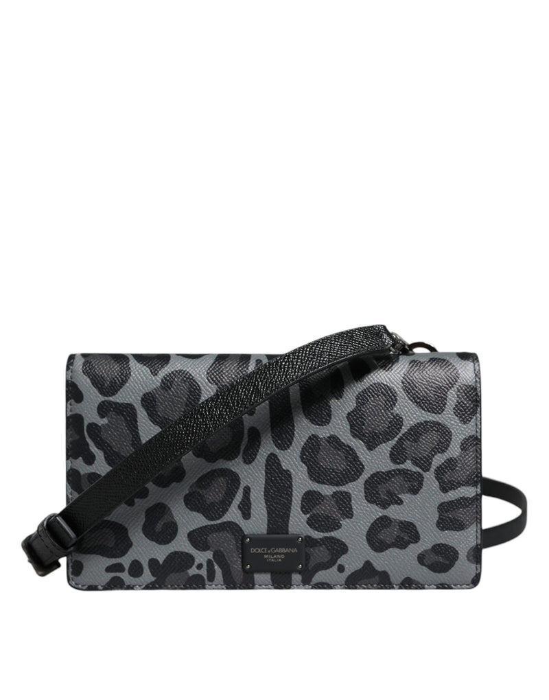 Dolce & Gabbana Black Gray Leopard Leather Bifold Card Slot Crossbody Women's Bag