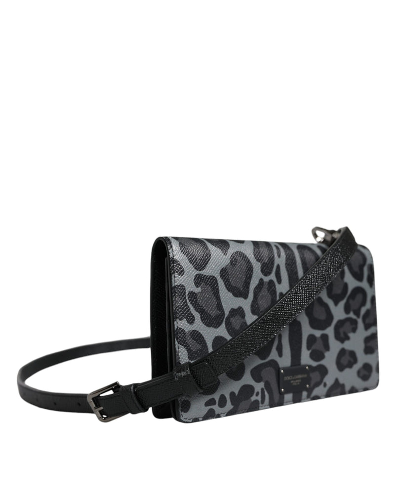 Dolce & Gabbana Black Gray Leopard Leather Bifold Card Slot Crossbody Women's Bag