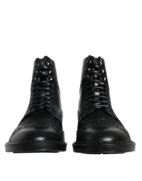 Dolce & Gabbana Black Leather Lace Up Mid Calf Boots Men's Shoes