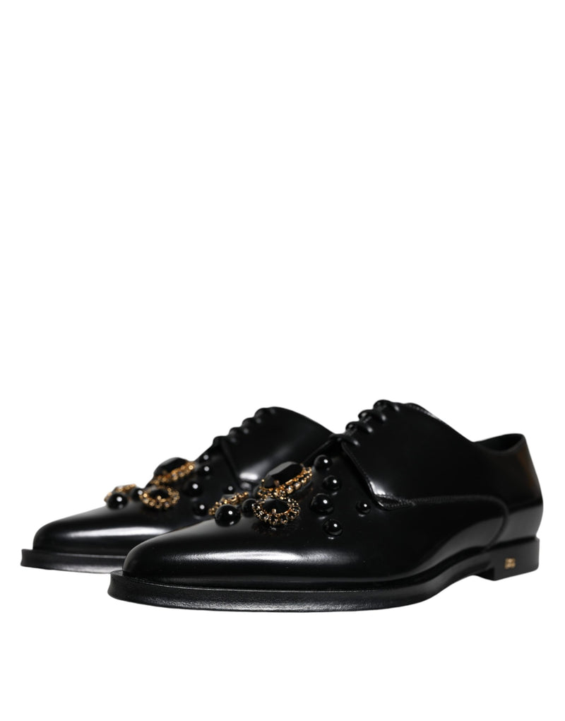 Dolce & Gabbana Black Leather Crystal Lace Up Formal Men's Shoes