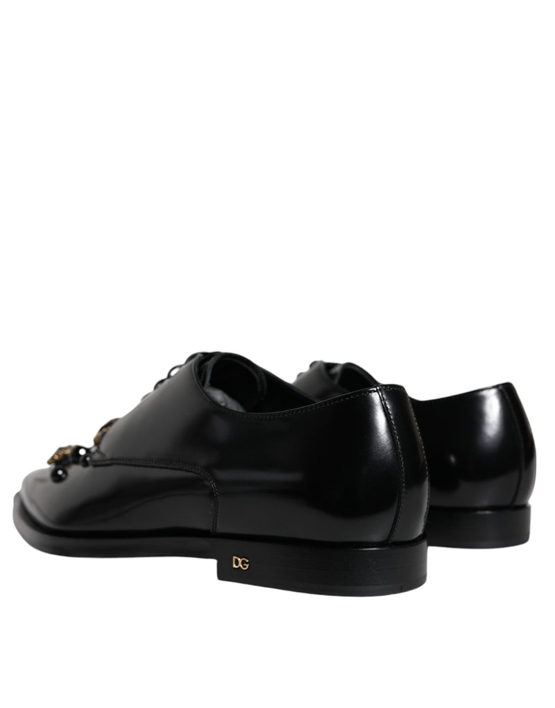 Dolce & Gabbana Black Leather Crystal Lace Up Formal Men's Shoes