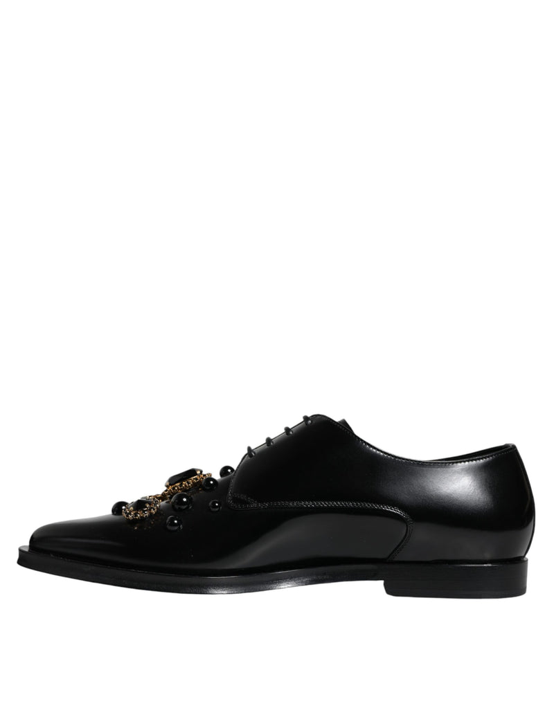 Dolce & Gabbana Black Leather Crystal Lace Up Formal Men's Shoes