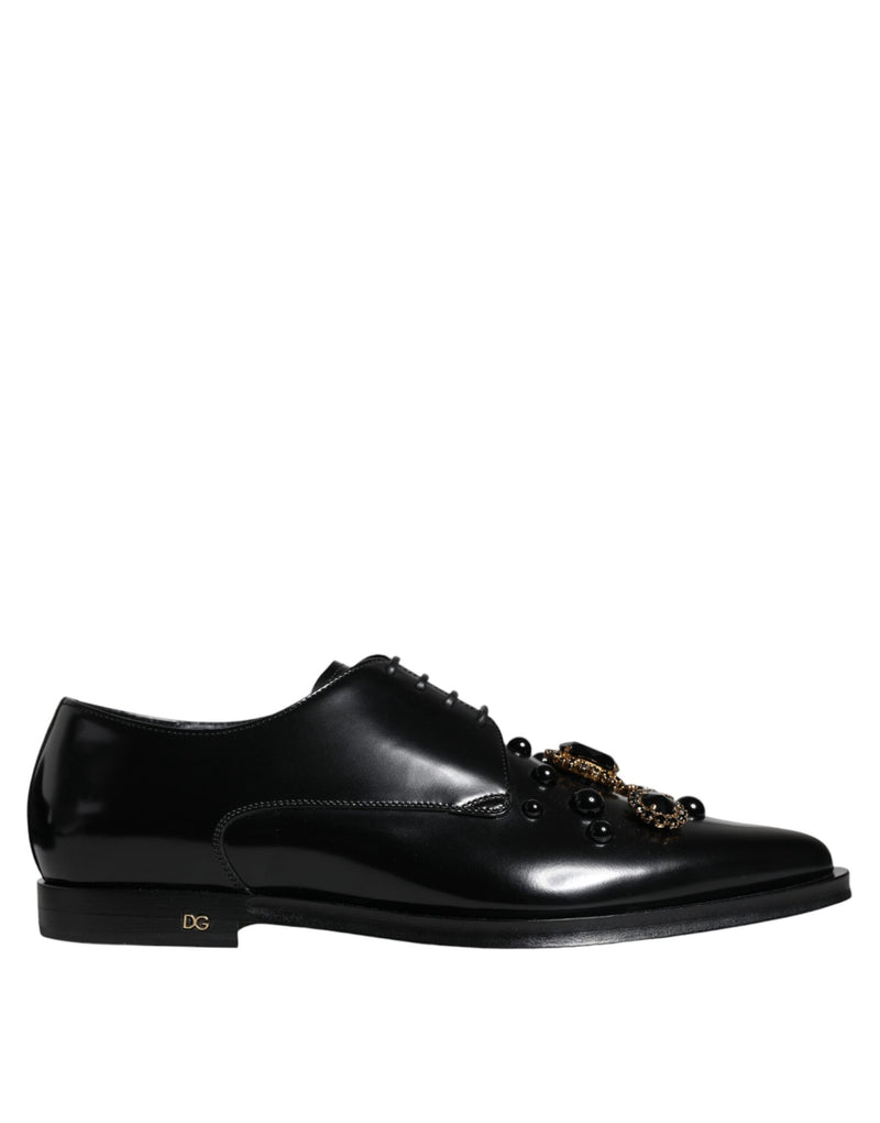 Dolce & Gabbana Black Leather Crystal Lace Up Formal Men's Shoes