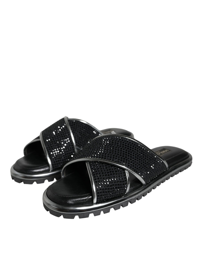 Dolce & Gabbana Black Strass Criss-Cross Slide Sandals Men's Shoes (Pre-Owned)