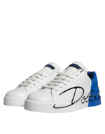 Dolce & Gabbana White Blue Leather Logo Low Top Sneakers Men's Shoes