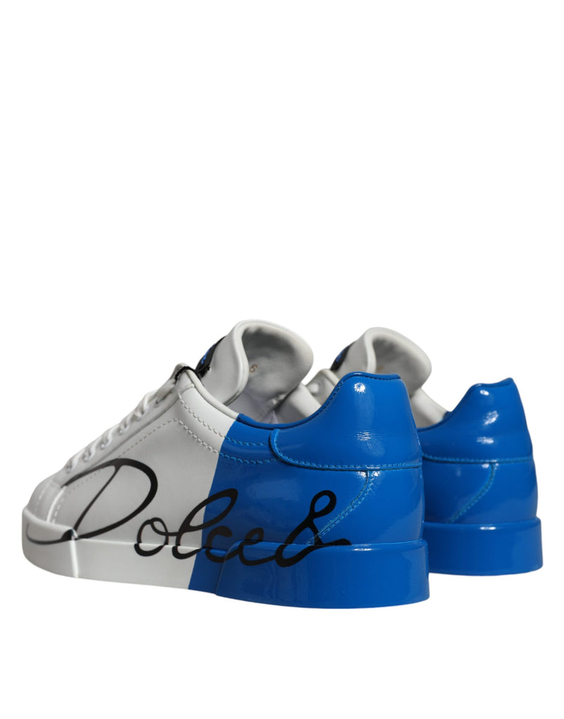 Dolce & Gabbana White Blue Leather Logo Low Top Sneakers Men's Shoes