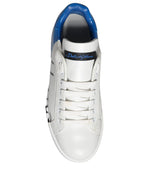 Dolce & Gabbana White Blue Leather Logo Low Top Sneakers Men's Shoes