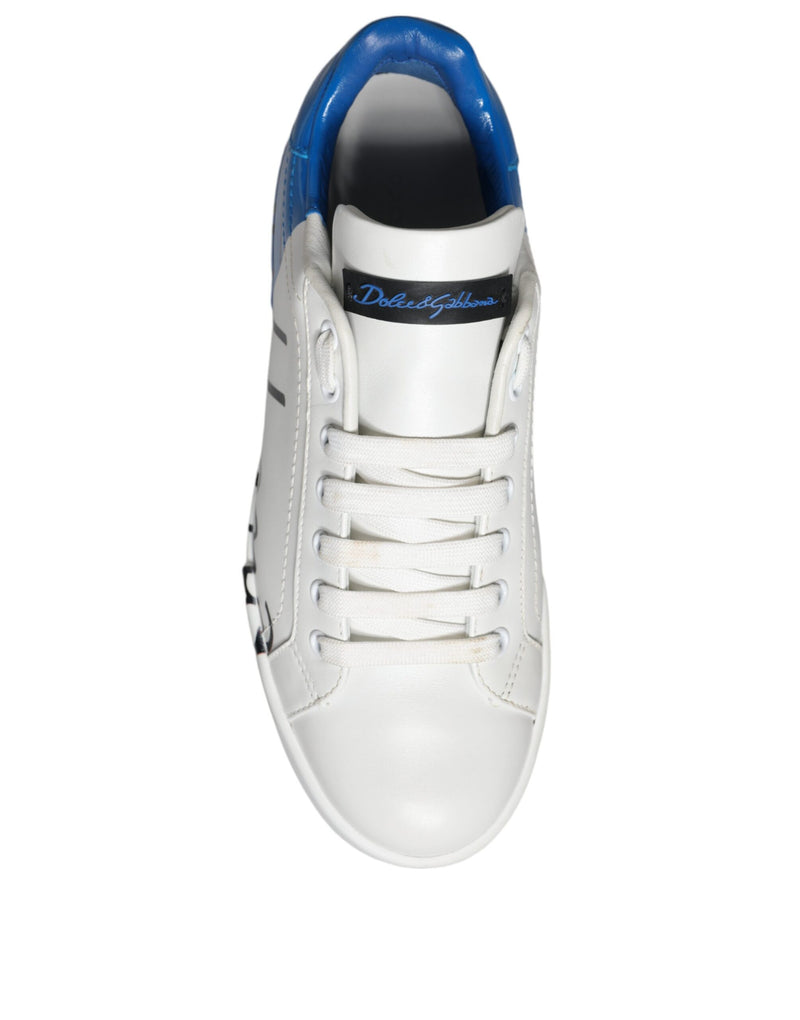 Dolce & Gabbana White Blue Leather Logo Low Top Sneakers Men's Shoes