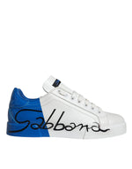 Dolce & Gabbana White Blue Leather Logo Low Top Sneakers Men's Shoes