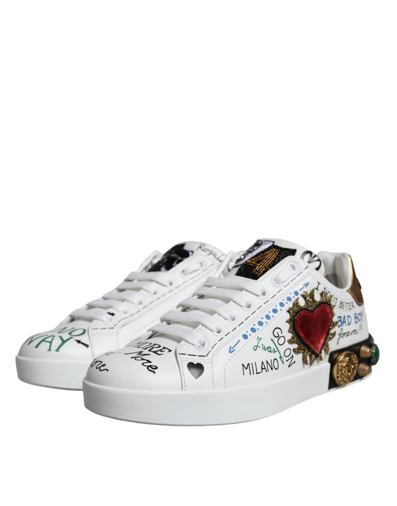 Dolce & Gabbana White Heart Studded Low Top Sneakers Men's Shoes