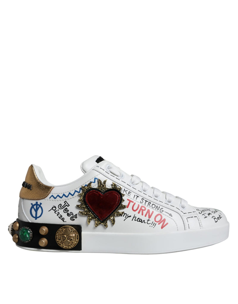 Dolce & Gabbana White Heart Studded Low Top Sneakers Men's Shoes