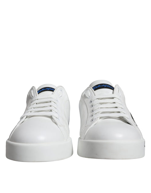 Dolce & Gabbana White Blue Leather Logo Low Top Sneakers Men's Shoes