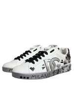 Dolce & Gabbana White Silver Crystal Logo Portofino Sneakers Men's Shoes