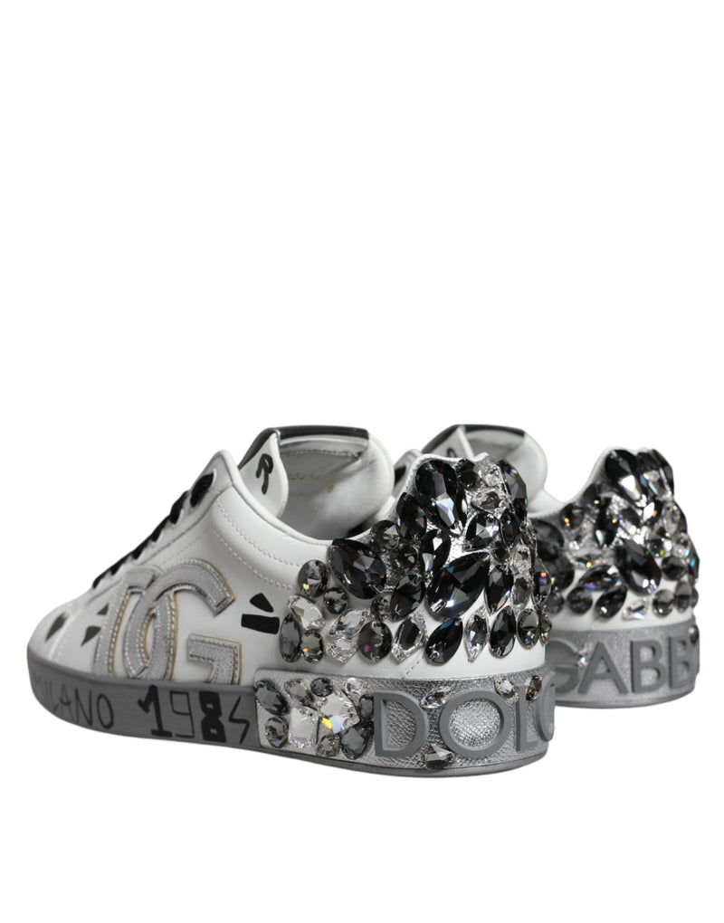 Dolce & Gabbana White Silver Crystal Logo Portofino Sneakers Men's Shoes