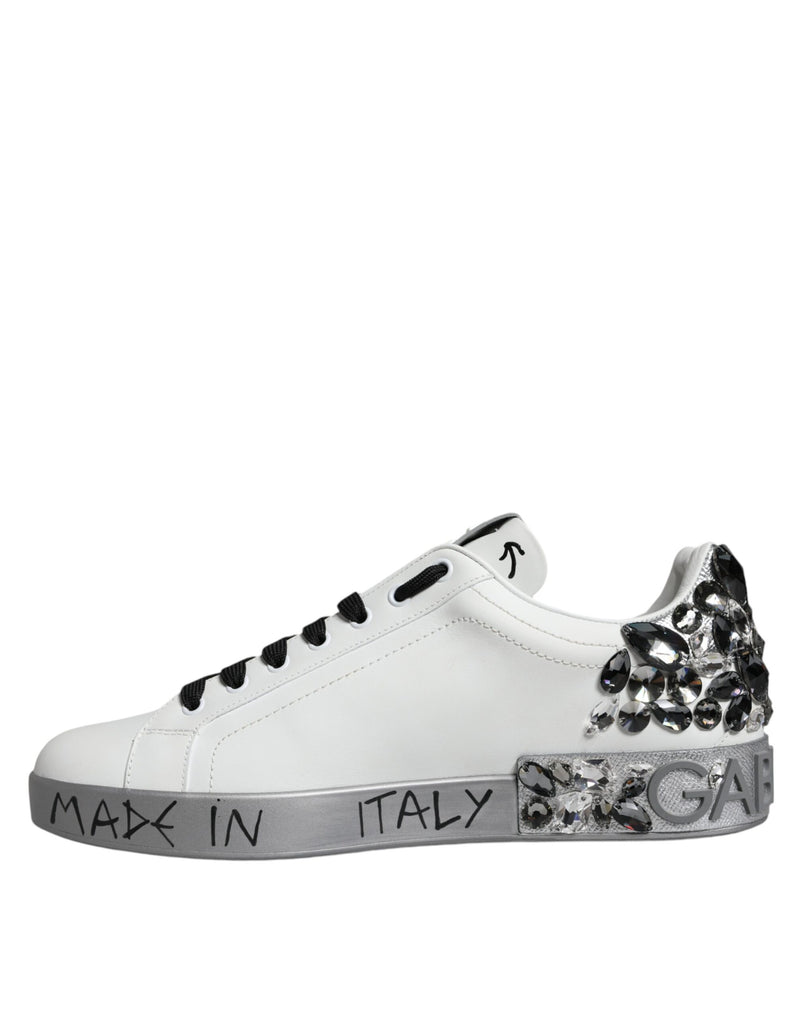 Dolce & Gabbana White Silver Crystal Logo Portofino Sneakers Men's Shoes